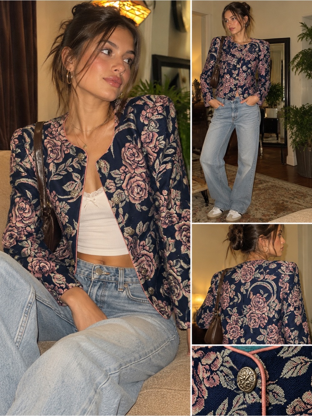 Navy Floral Cropped Blazer with Pink Rose Pattern